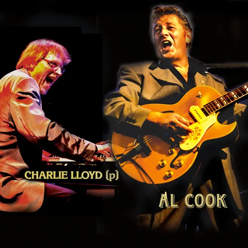 Two musicians on stage, one at the piano and the other with a guitar.