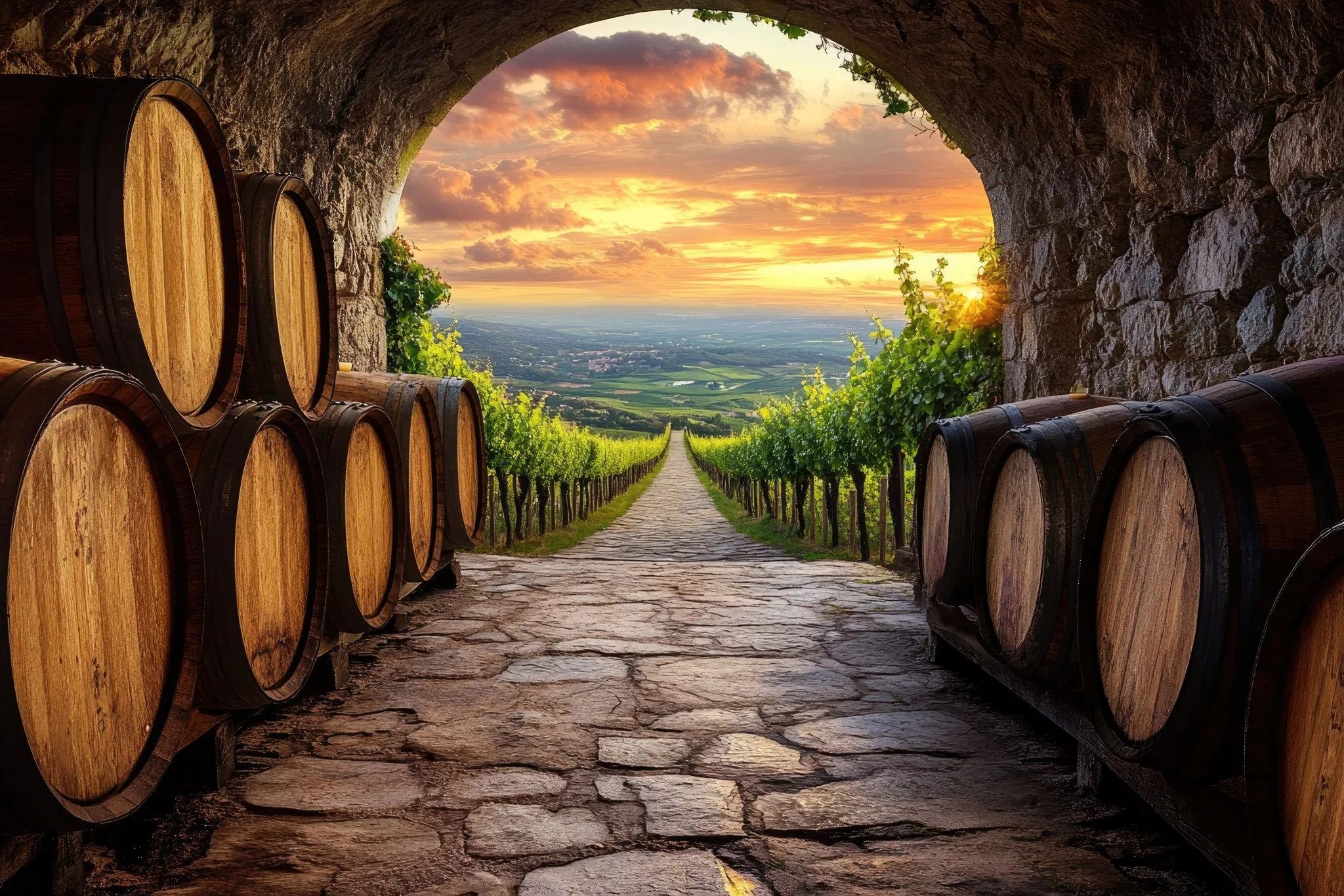 Blick auf einen Weinberg mit Holzfässern und Sonnenuntergang.