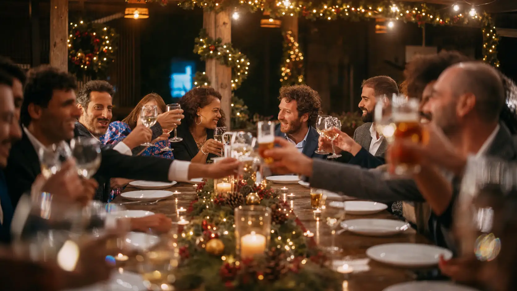 Friends toasting with glasses at a festively set table in the restaurant, surrounded by candles and Christmas decorations.