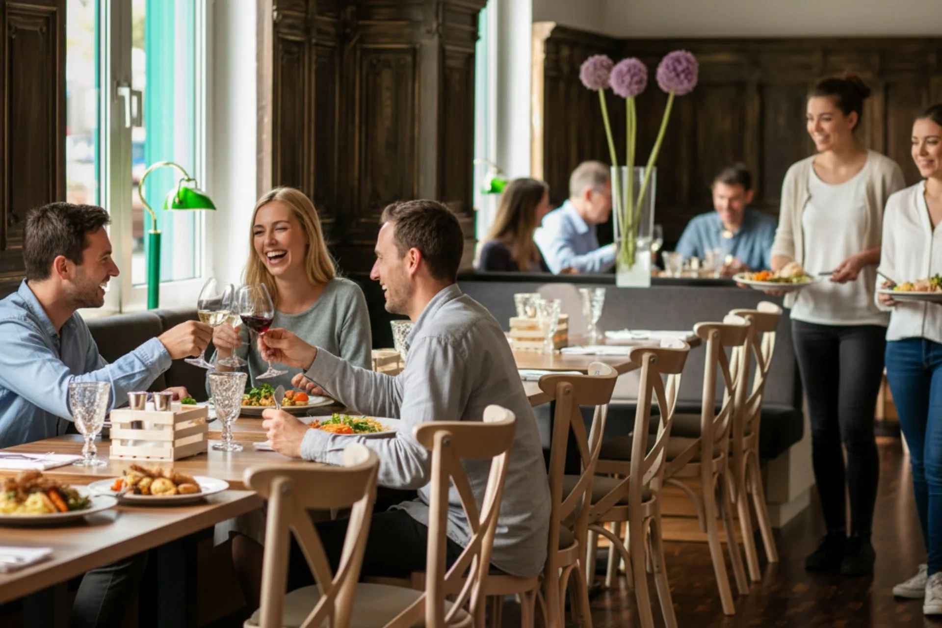 Freunde stoßen mit Gläsern an und genießen ihr Essen in einem Restaurant.