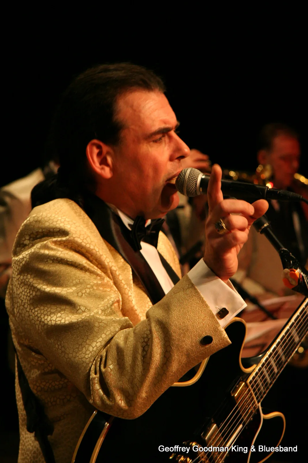 A musician in a golden suit sings into a microphone on stage.
