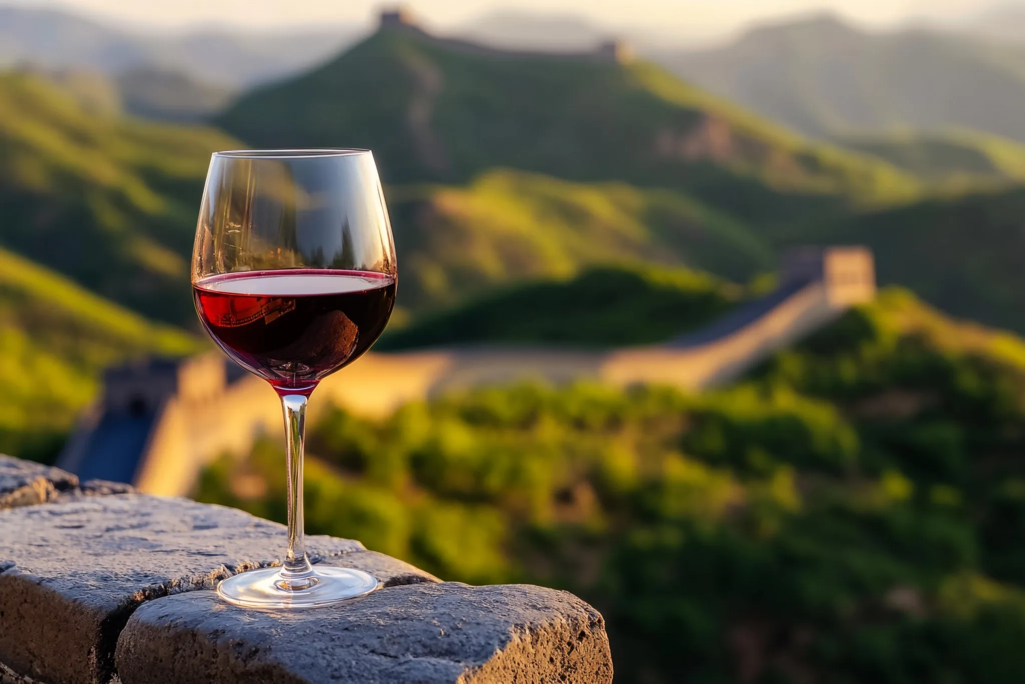 Ein Glas Rotwein steht auf einer Mauer mit Blick auf die Chinesische Mauer und grüne Hügel.