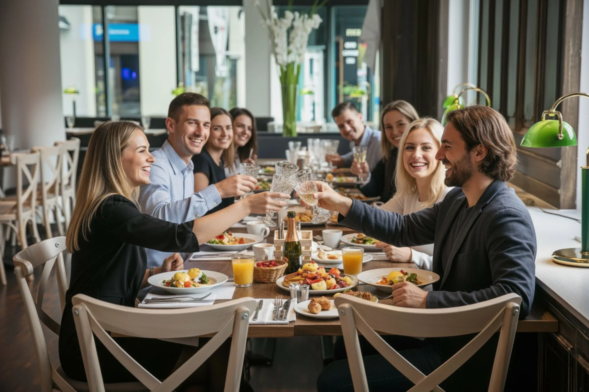 A group of friends toasting with glasses during brunch in a restaurant.