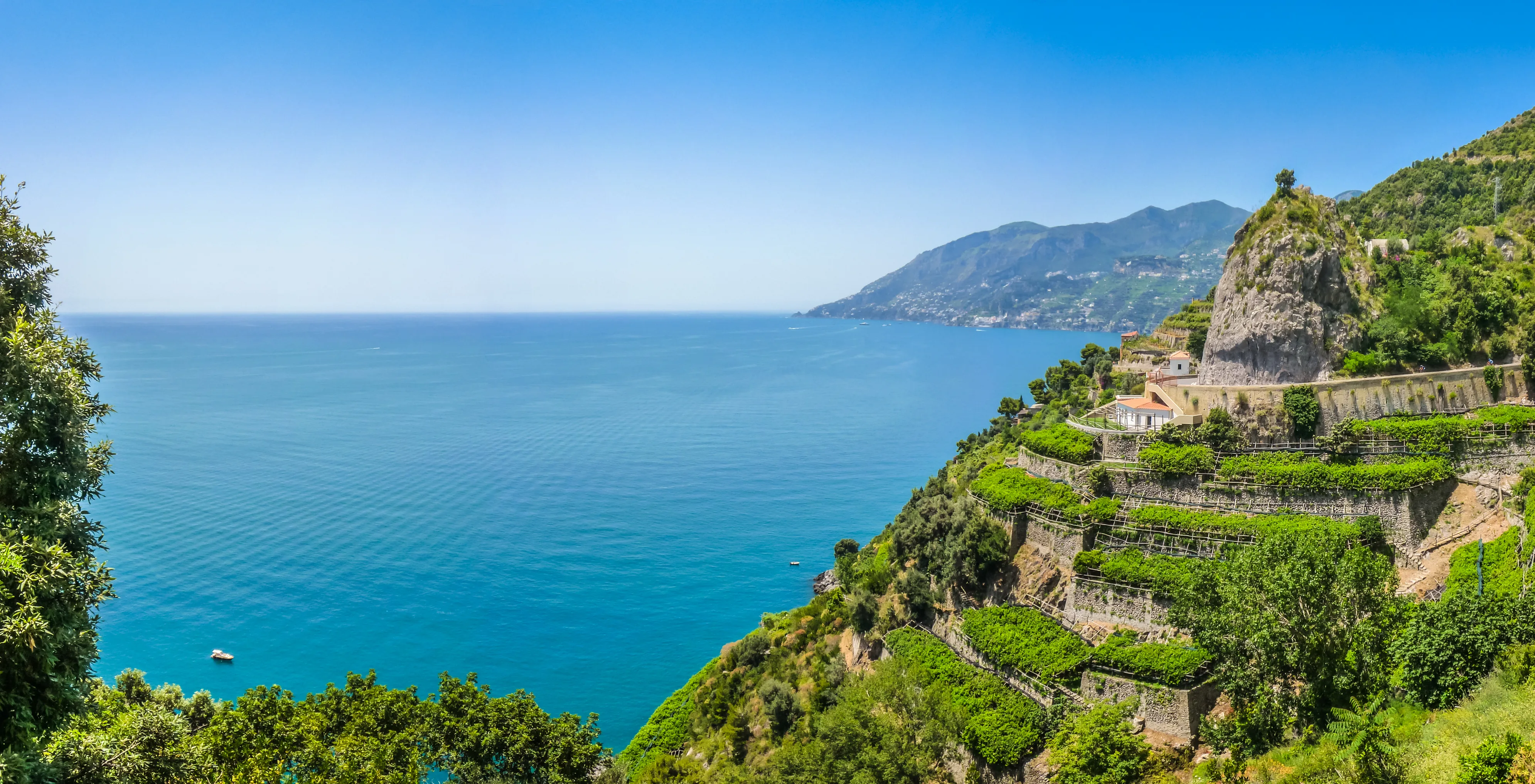 Panoramablick auf das blaue Meer und grüne Weinberge an der Küste.
