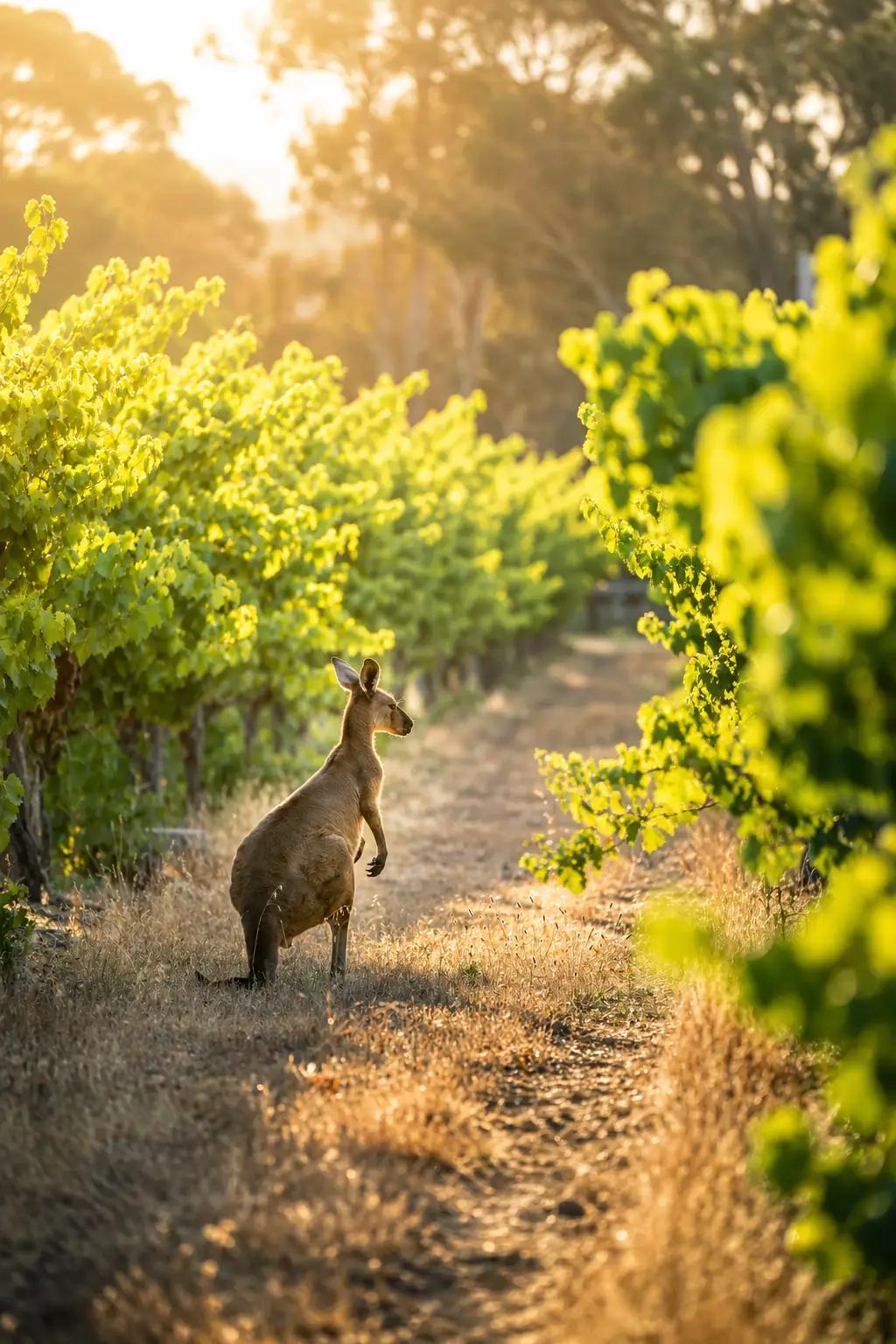 Ein Känguru steht in einem Weinberg, umgeben von grünen Reben und goldenem Licht der Abendsonne.