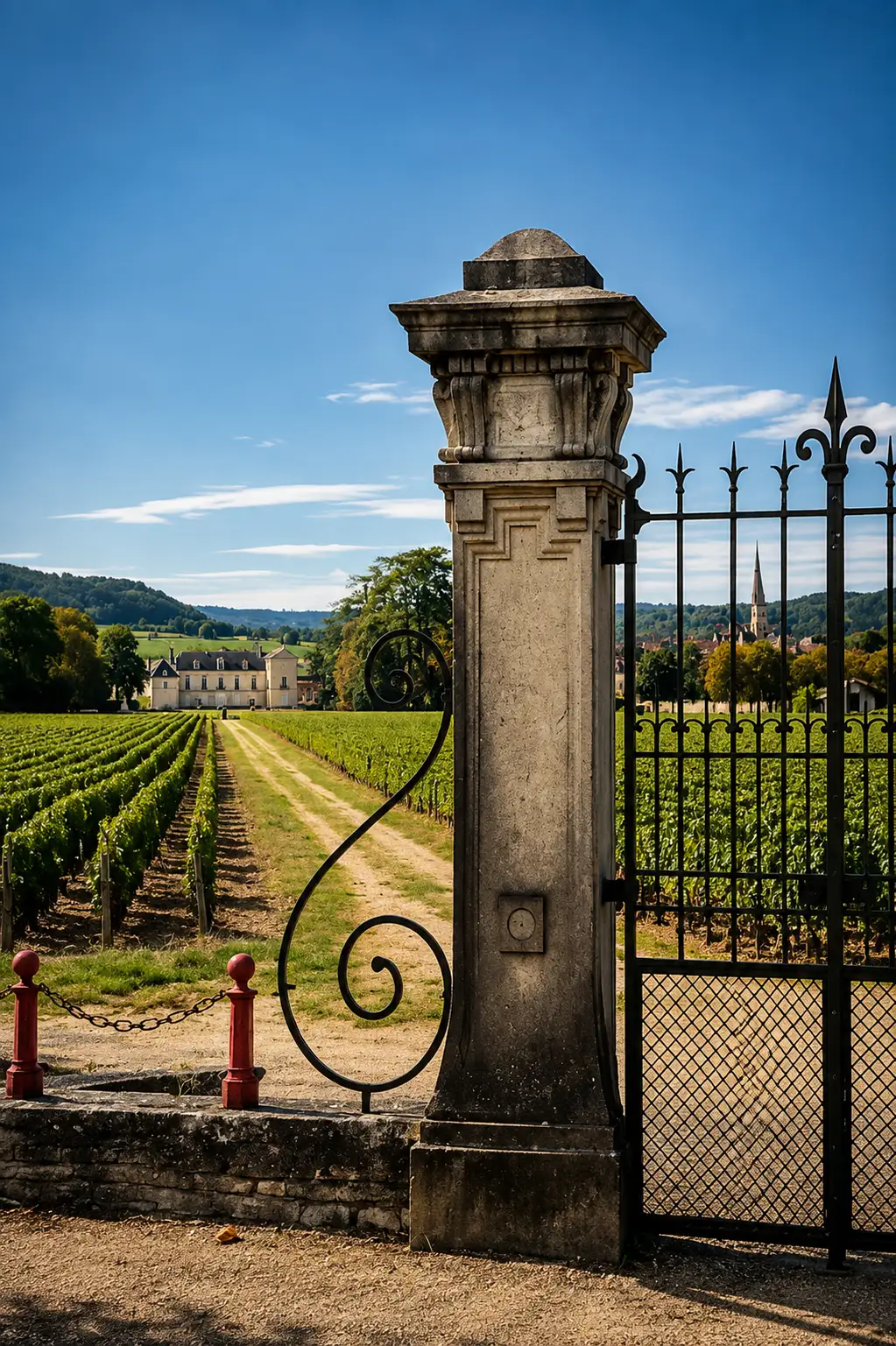 Blick auf ein Weingut mit Tor und Weinreben, umgeben von einer malerischen Landschaft.