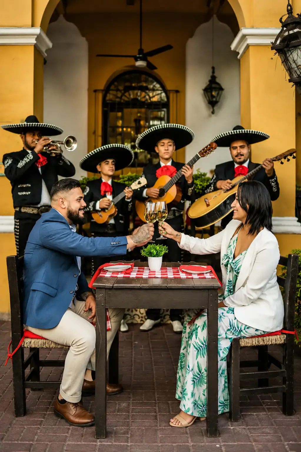 Paar stößt mit Gläsern an einem Tisch im Restaurant an, während Mariachi-Musiker im Hintergrund spielen.
